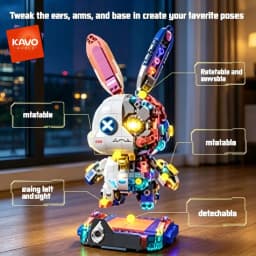 KAVOWORLD 1377PCS Robot Rabbit Building Blocks Set LED Light Up Multi-Point Rotatable Detachable Base DIY Cyberpunk Mecha Building Rabbit Bricks Kit Mechanical Bunny Construction Toy for Home Office Desk Decor Christmas Birthday Gift Teens Adults