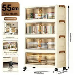 5-tier foldable stackable plastic storage cabinet, no assembly needed, with magnetic vertical transparent double doors and brown handles, foldable rolling storage box, 58cm wide, with universal wheels, perfect for organizing clothes in the bedroom, kitche