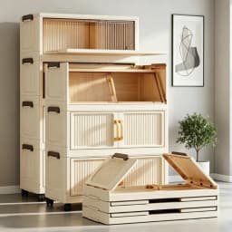5-tier foldable stackable plastic storage cabinet, no assembly needed, with magnetic vertical transparent double doors and brown handles, foldable rolling storage box, 58cm wide, with universal wheels, perfect for organizing clothes in the bedroom, kitche