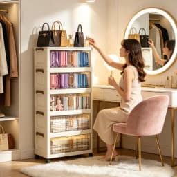 5-tier foldable stackable plastic storage cabinet, no assembly needed, with magnetic vertical transparent double doors and brown handles, foldable rolling storage box, 58cm wide, with universal wheels, perfect for organizing clothes in the bedroom, kitche