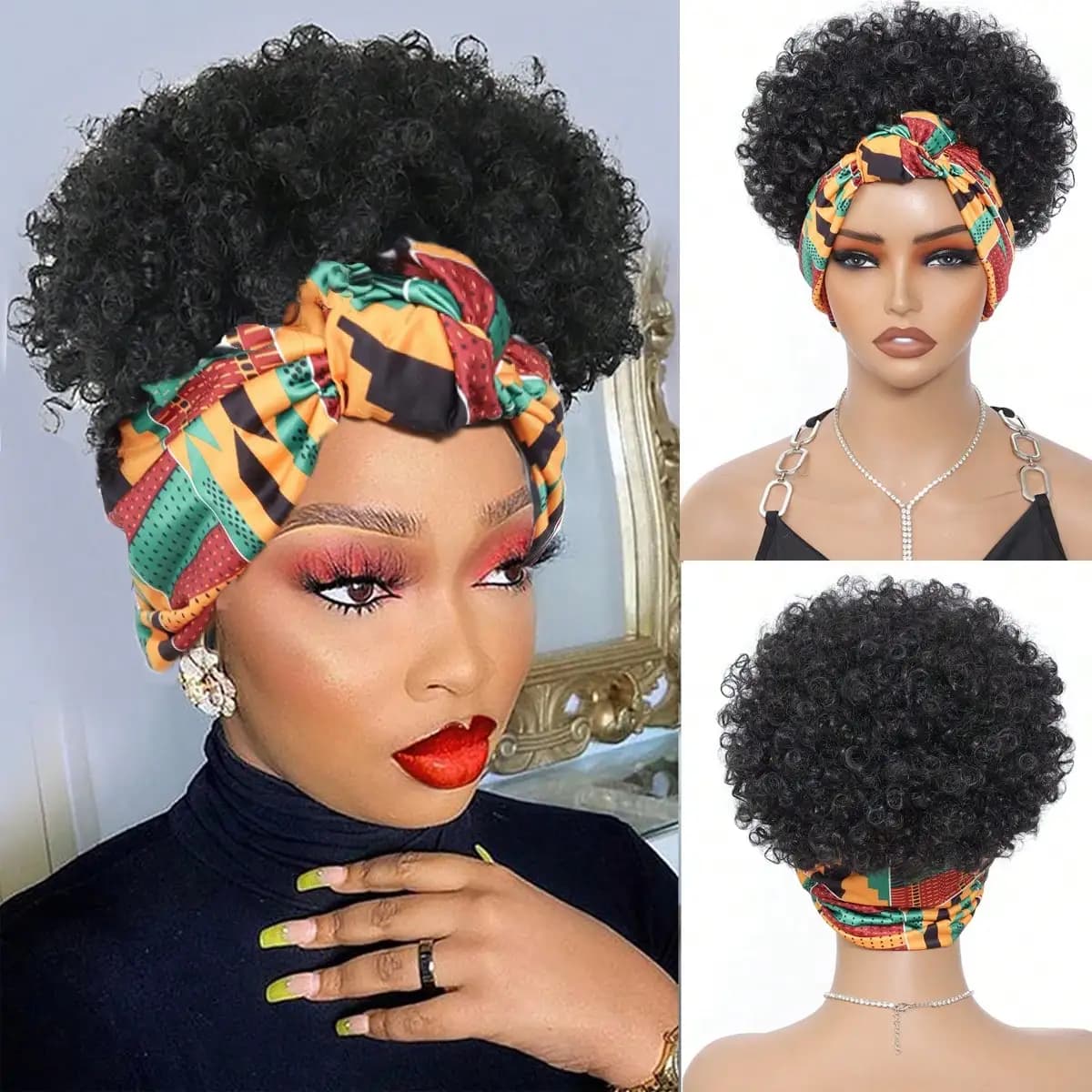 Women Afro Kinky Curly Wig With Synthetic Short Hair Wigs With Headband Attached Headwrap Wigs Kinky Curly Headband Wig