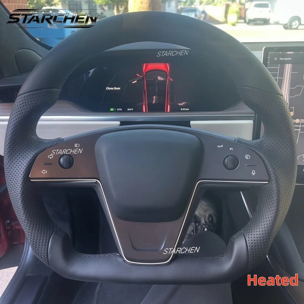 Flat-Bottom Full Black Leather Steering Wheel for Tesla Model X Model S 2021-2023 with Heated