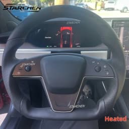 Flat-Bottom Full Black Leather Steering Wheel for Tesla Model X Model S 2021-2023 with Heated
