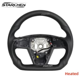 Flat-Bottom Full Black Leather Steering Wheel for Tesla Model X Model S 2021-2023 with Heated