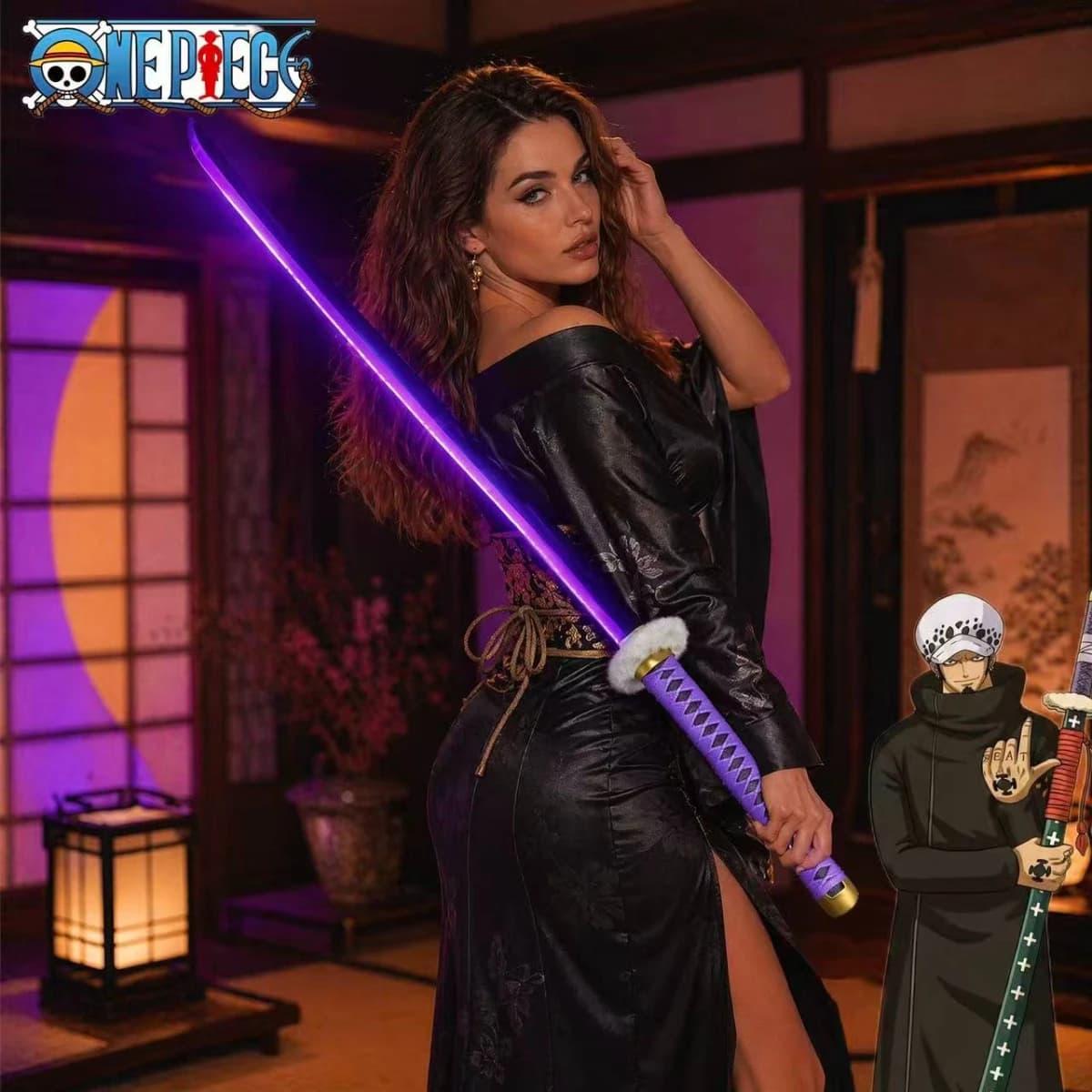 40.94Inch 104cm Plastic One Piece Trafalgar Law Glowing Great Katana Anime Cosplay Safe Blunt Sword Prop Purple Light Blade Collection Gift