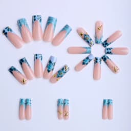 Ocean Blue Wave Coffin Press on Nails, 3D Starfish Shell Floral Handmade Fake Nails, Portable Summer Beach Accessory for Vacation Daily Styling