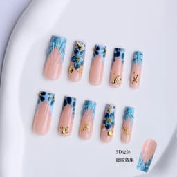 Ocean Blue Wave Coffin Press on Nails, 3D Starfish Shell Floral Handmade Fake Nails, Portable Summer Beach Accessory for Vacation Daily Styling