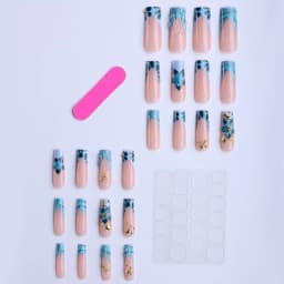 Ocean Blue Wave Coffin Press on Nails, 3D Starfish Shell Floral Handmade Fake Nails, Portable Summer Beach Accessory for Vacation Daily Styling