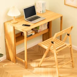 Bamboo Foldable Desk 40.6 Inch, Folding Desks for Small Spaces, Mid Century Small Computer Desk with Bookshelf for Bedroom Home Office, Brown, Primary Color