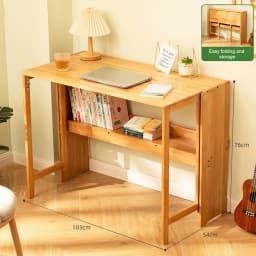 Bamboo Foldable Desk 40.6 Inch, Folding Desks for Small Spaces, Mid Century Small Computer Desk with Bookshelf for Bedroom Home Office, Brown, Primary Color