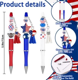 Vellibring 12 Set Independence Day Beadable Pens, 4th of July Patriotic Bead Pens with Assorted Wooden Beads Pendants for DIY Present Students Teens School Office Supplies