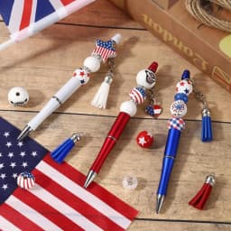 Vellibring 12 Set Independence Day Beadable Pens, 4th of July Patriotic Bead Pens with Assorted Wooden Beads Pendants for DIY Present Students Teens School Office Supplies