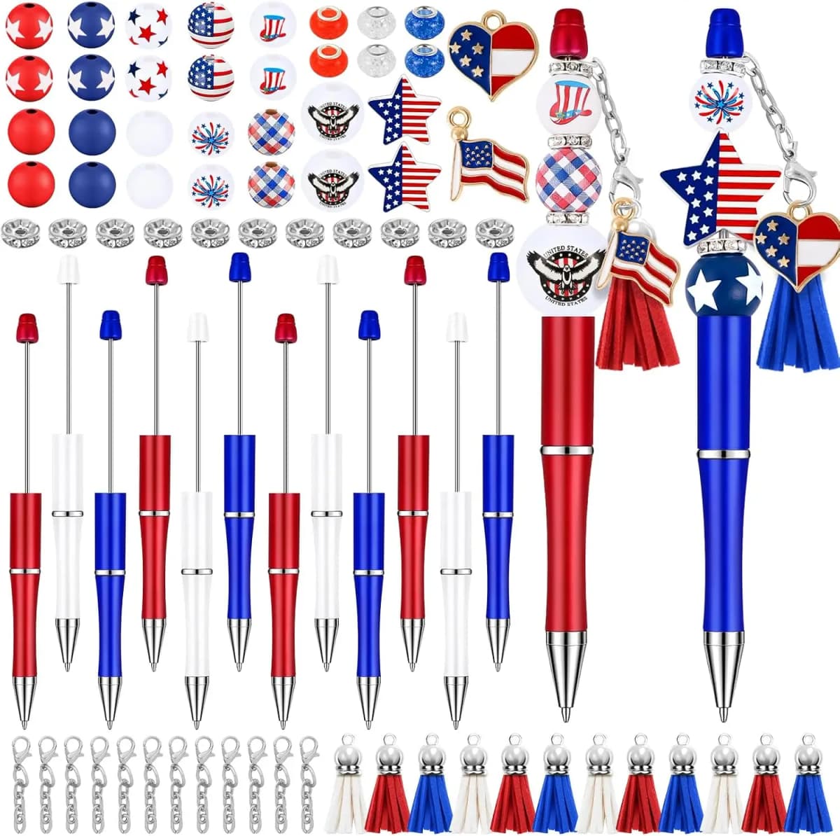 Vellibring 12 Set Independence Day Beadable Pens, 4th of July Patriotic Bead Pens with Assorted Wooden Beads Pendants for DIY Present Students Teens School Office Supplies