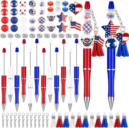 Vellibring 12 Set Independence Day Beadable Pens, 4th of July Patriotic Bead Pens with Assorted Wooden Beads Pendants for DIY Present Students Teens School Office Supplies