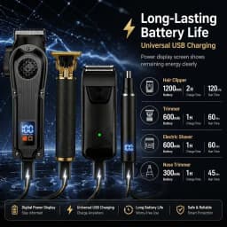 4-in-1 Men's Hair Clipper Set with LED Display, USB Rechargeable Beard & Nose Trimmer, Foil Shaver + 8 Combs for Home & Barber