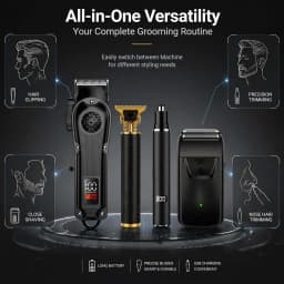 4-in-1 Men's Hair Clipper Set with LED Display, USB Rechargeable Beard & Nose Trimmer, Foil Shaver + 8 Combs for Home & Barber