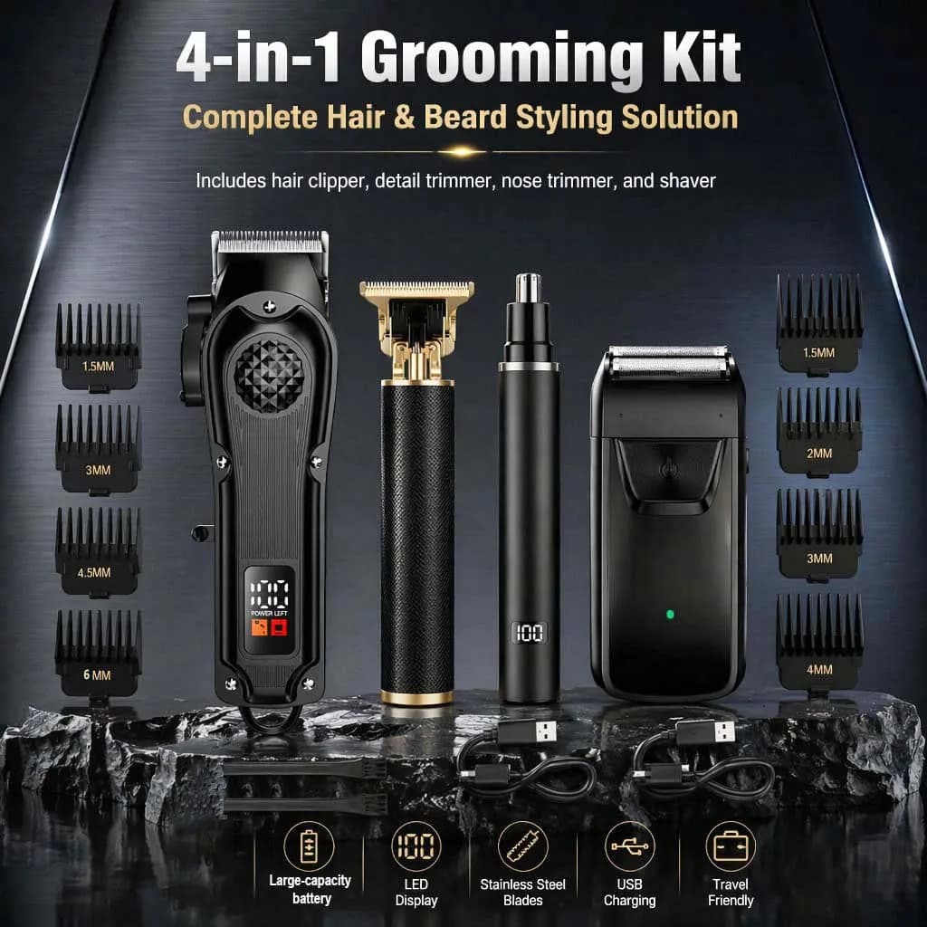 4-in-1 Men's Hair Clipper Set with LED Display, USB Rechargeable Beard & Nose Trimmer, Foil Shaver + 8 Combs for Home & Barber
