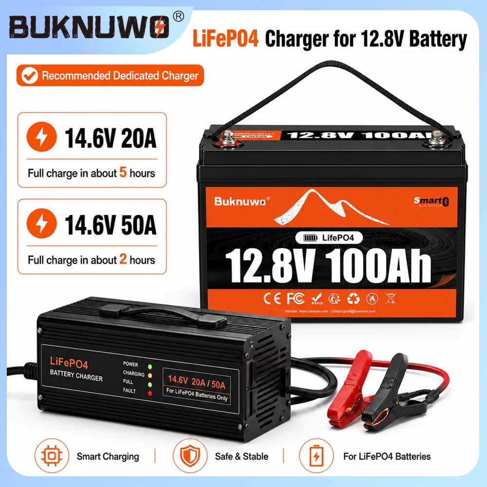 BUKNUWO LiFePO4 12V/12.8V 100Ah 1280Wh Lithium Battery Pack With Buletooth More Than 8000+ Cycles BMS Grade A For Boat RV Campers Solar System
