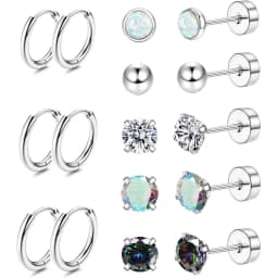 Surgical Steel Earrings for Sensitive Ears Hypoallergenic 20G Stainless Steel Stud Hoop Earrings for Women Men Small Opal Ball CZ Surgical Steel Flat Back Earrings Cartilage Earrings Hoop Stud