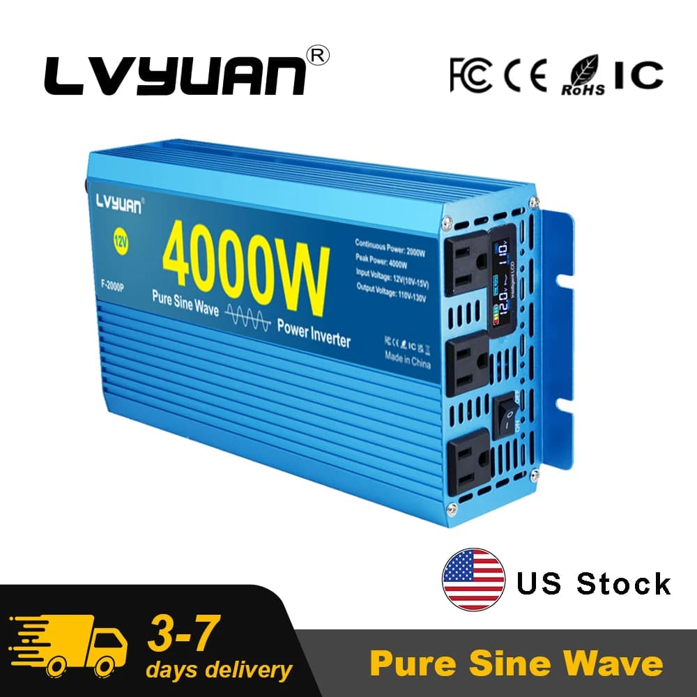 4000W/7000W Pure Sine Wave Inverter DC12V 24V to AC110V-120V 60Hz with 3 US Socket 2 USB for RV/Van life/Truck/Camping/Emergency Power