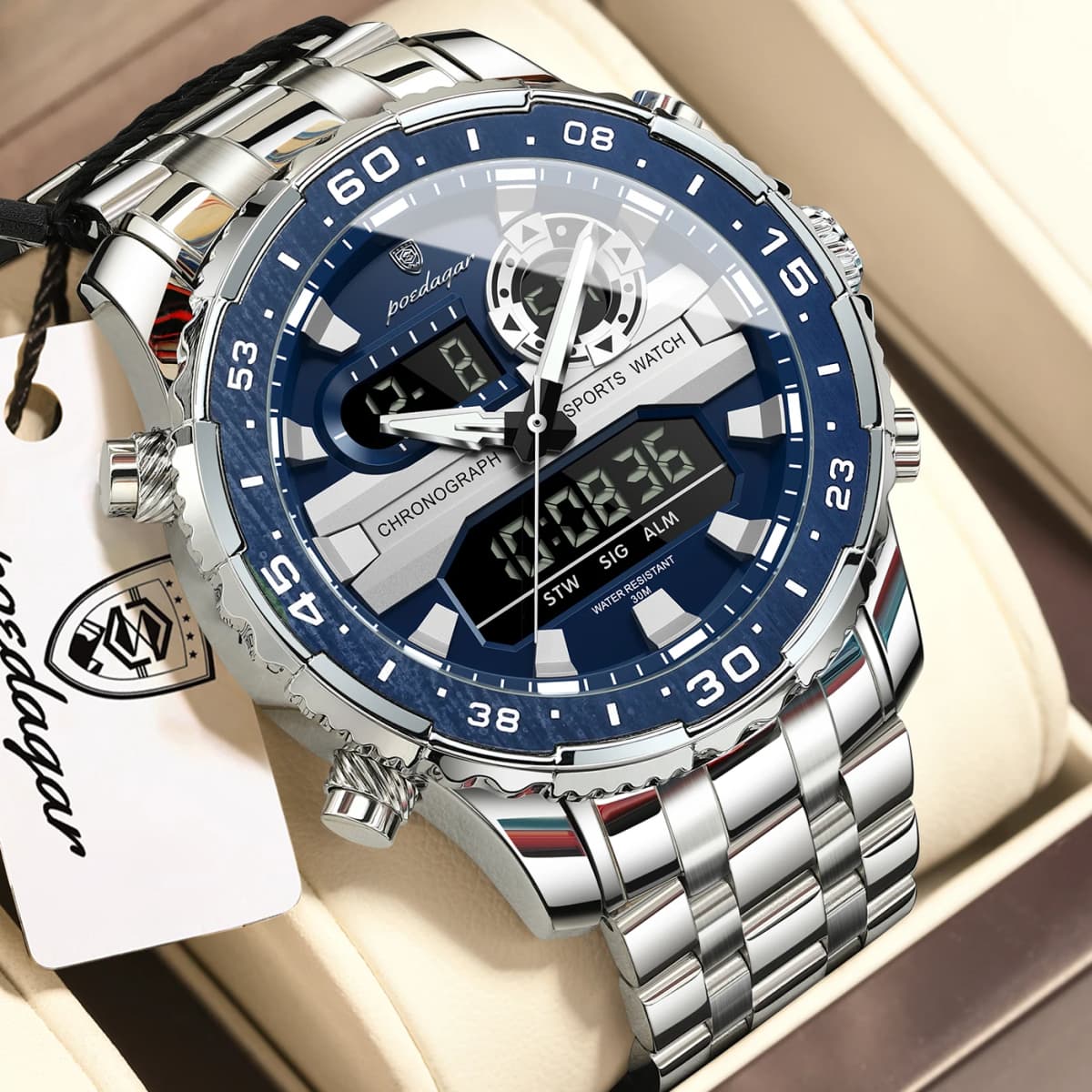 POEDAGAR Functional Electronic Man Wristwatch Week Date LED Luminous Oversized Fashion Quartz Men Watch Dual Time Digital Military Men's Watches Reloj