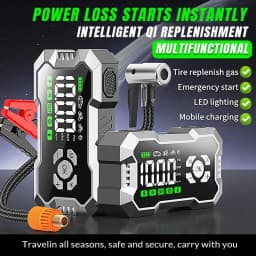 3000A Peak Portable Car Jump Starter 6400mAh Battery Booster Pack Built-in 150PSI Tire Inflator LED Emergency Light USB Charger For Auto Motorcycle Roadside Emergency Kit