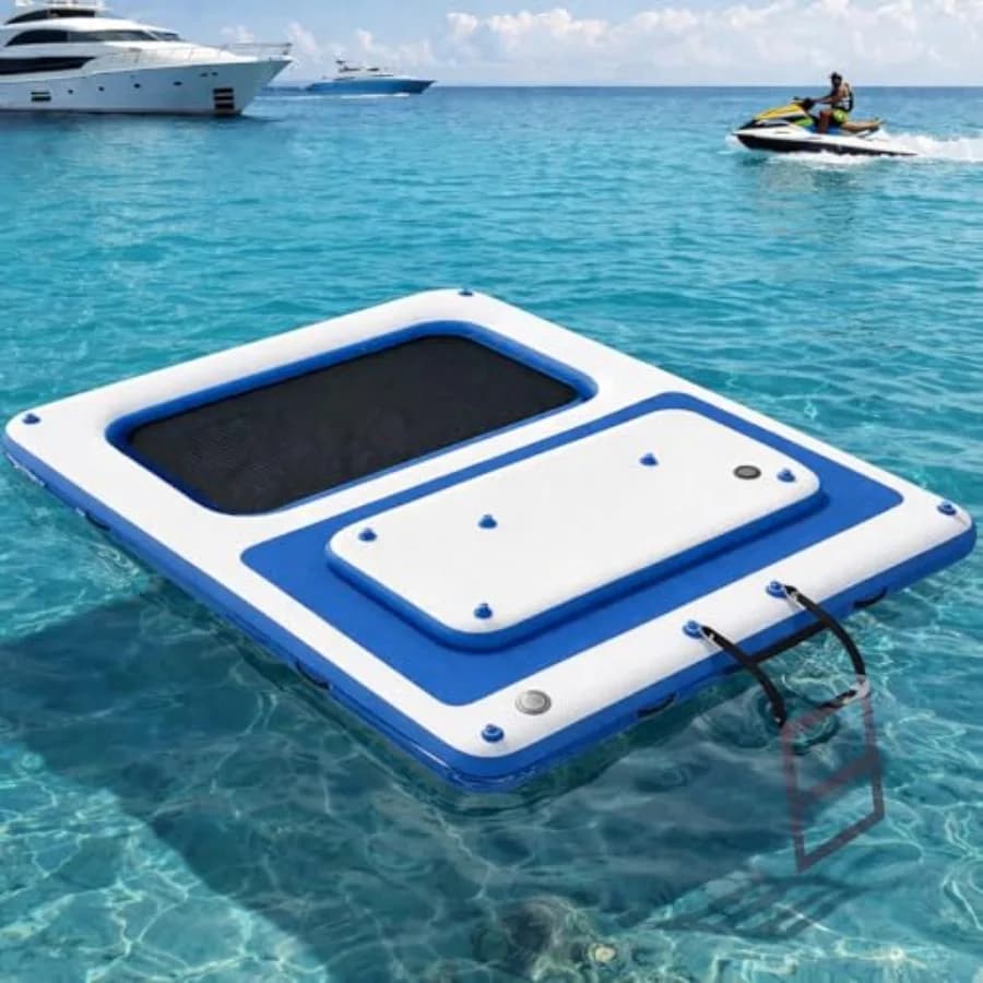 Inflatable Floating Dock Series for lake use, EVA non-slip deck material, gray color, ultra-stable mesh swim net design