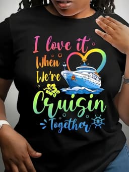 Plus Size, [Plus Size T-Shirt] Colorful "I Love the Feeling of Cruising Together" Print T-Shirt - T-Shirt - Short-Sleeved Slim-Fit Casual Print T-Shirt Featuring Bold Text in Pink, Orange, Yellow, Green, and Blue, Paired with a Stylish and Simple Solid-Color Loose-Fit T-Shirt (Please Refer to the Size Chart for Loose-Fit Styles)