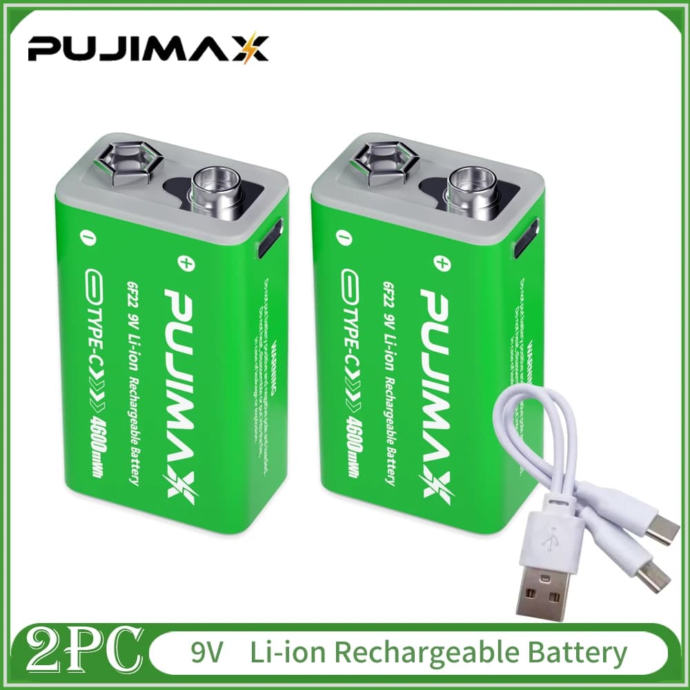 PUJIMAX USB 9V Rechargeable Battery 4600mWh Type-C Rechargeable 6F22 9V Li-ion Battery for RC Helicopeter Model Multimeter Toy