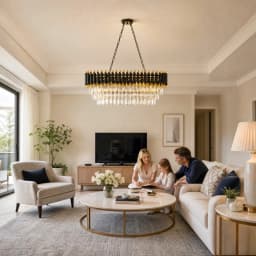 Modern Black & Gold Crystal Chandelier, 3-Tier K9 Oval Crystal Chandelier for Kitchen Island/Living Room/Bedroom/Dining Room