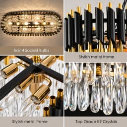 Modern Black & Gold Crystal Chandelier, 3-Tier K9 Oval Crystal Chandelier for Kitchen Island/Living Room/Bedroom/Dining Room