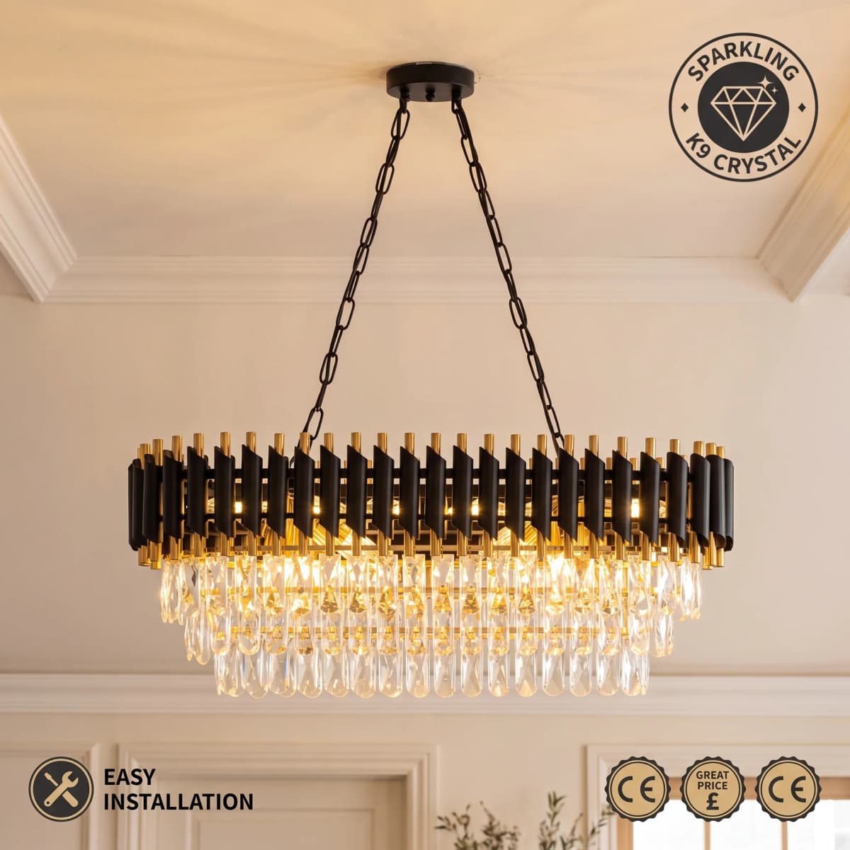 Modern Black & Gold Crystal Chandelier, 3-Tier K9 Oval Crystal Chandelier for Kitchen Island/Living Room/Bedroom/Dining Room