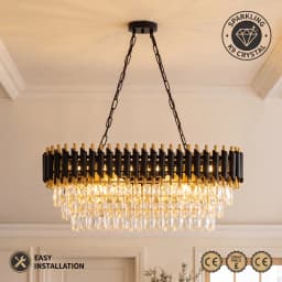 Modern Black & Gold Crystal Chandelier, 3-Tier K9 Oval Crystal Chandelier for Kitchen Island/Living Room/Bedroom/Dining Room