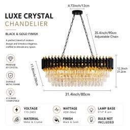 Modern Black & Gold Crystal Chandelier, 3-Tier K9 Oval Crystal Chandelier for Kitchen Island/Living Room/Bedroom/Dining Room