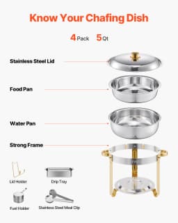 SucceBuy 4 Pack Chafing Dish Buffet Set Stainless Steel Chafer W/4 Full Size Pan Round Catering Warmer Server for Party Banquets