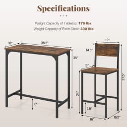 3 Piece Bar Table & Chair Set Kitchen Table w/ 2 Bar Stools for Small Space