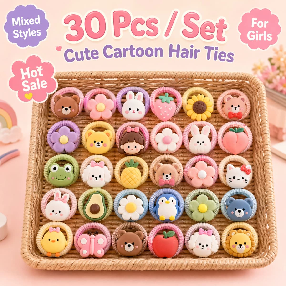 30-Pack Assorted Cartoon Hair Ties - Animal & Flower High Elastic Nylon Hair Bands, Gentle on Hair for Toddlers