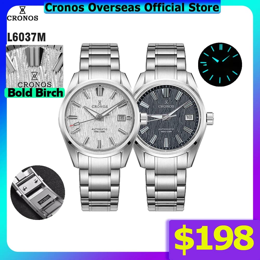 Cronos Men Watch 39mm Automatic Wristwatches White Birch Dial Solid Links Sapphire 10 ATM L6037M