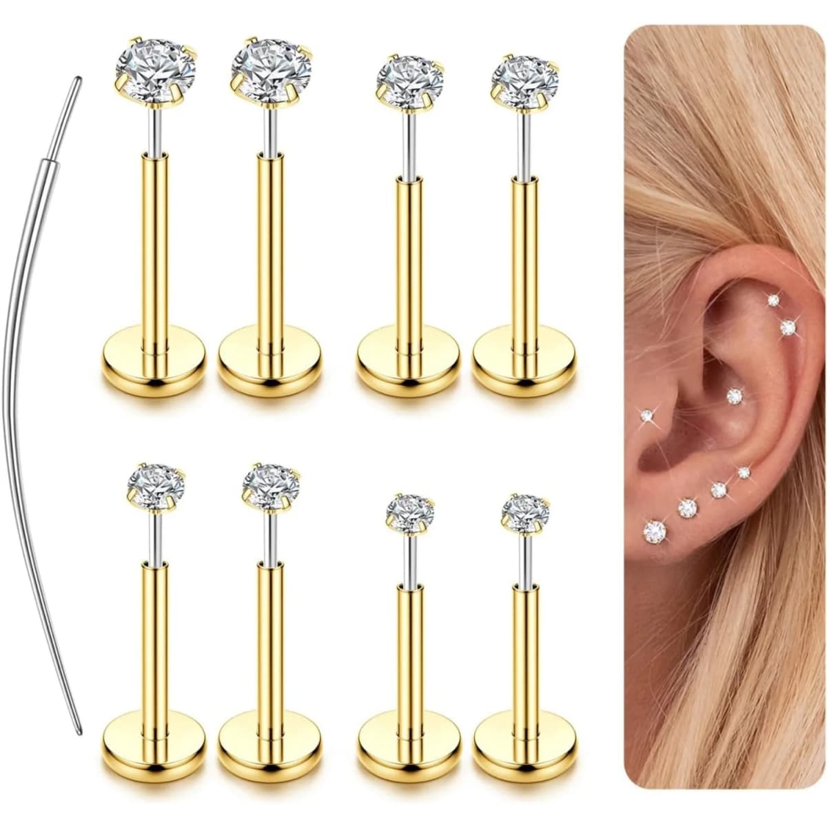 14K Gold Plated Threadless Nose Studs CZ Nose Rings for Women Men 316L Surgical Steel Lip Ring Earrings Helix Piercing Jewelry
