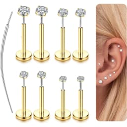 14K Gold Plated Threadless Nose Studs CZ Nose Rings for Women Men 316L Surgical Steel Lip Ring Earrings Helix Piercing Jewelry