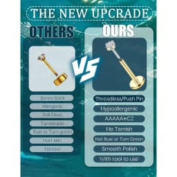14K Gold Plated Threadless Nose Studs CZ Nose Rings for Women Men 316L Surgical Steel Lip Ring Earrings Helix Piercing Jewelry