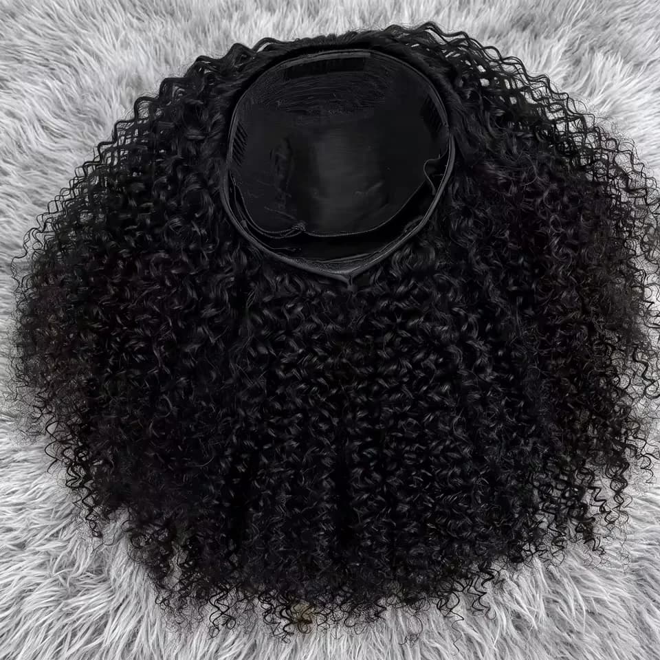 Half Wig Adjustable Drawstring Wig Cap Glueless Wig 250% Density Jerry Curly Natural Black Human Hair Wigs