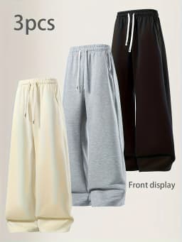 3pcs Summer Trendy Versatile Pants [Soft Knitted Jogger] Loose fit, elastic waist with drawstring, double-sided pockets