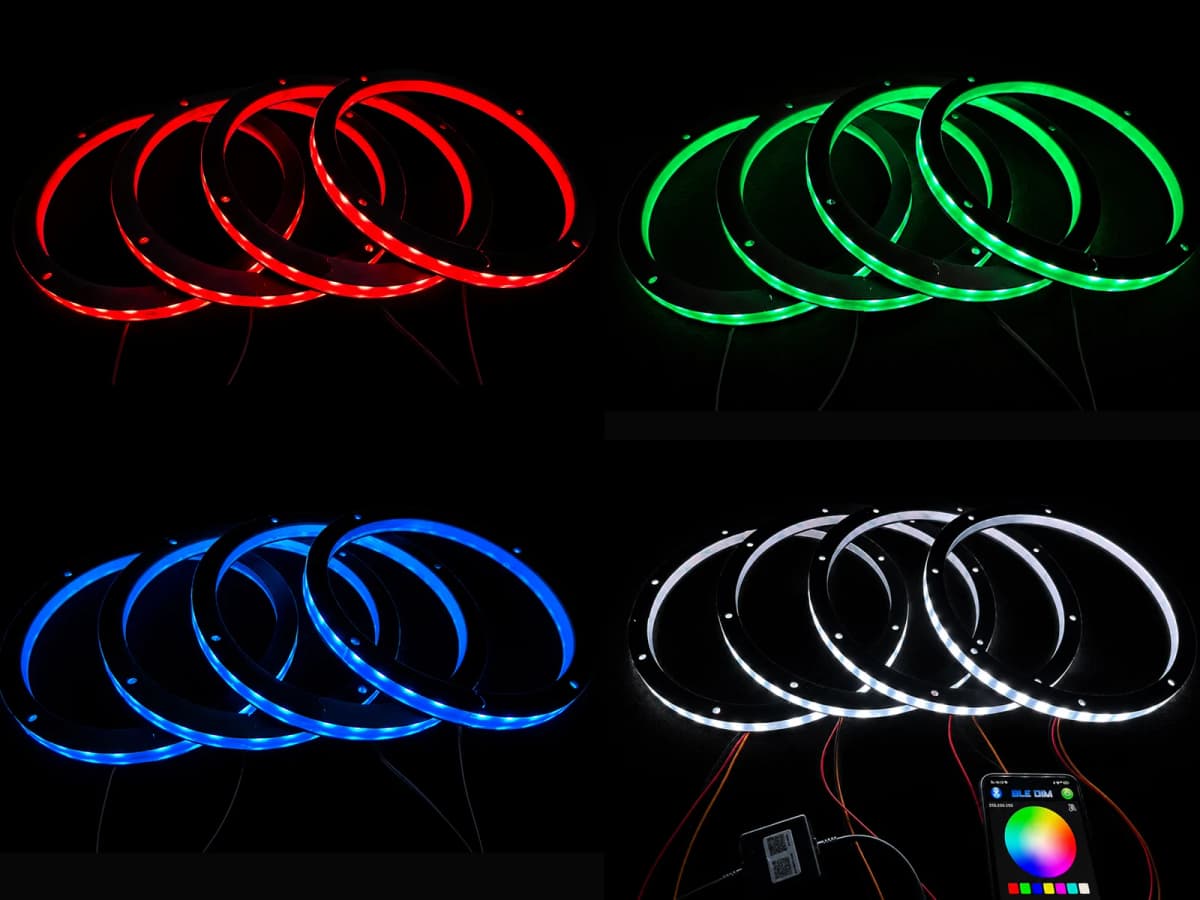 4PCS Universal 6.5in RGB LED Speaker Ring Lights Bluetooth APP & Remote Control Waterproof Audio Lighting Kits