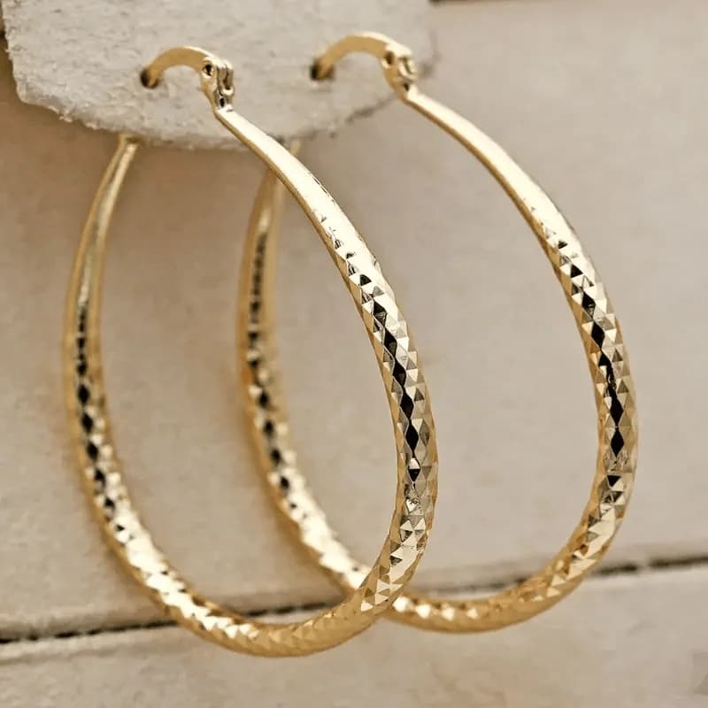 Rhombus Pattern Golden Hoop Earrings Retro Bohemian Style Copper 14K Golden Plated Jewelry Trendy Female Gift