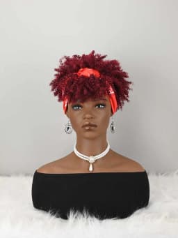 Headband Wig Curly Headband Wig With Bangs For Women Synthetic Afro Curly Hair Wig With Headband Attached Short Kinky Curly Afro High Puff With Bangs Stripes Short Red Curly Wigs with Bangs for Women, Natural Wavy Synthetic Wig, Fluffy Pixie Cut