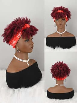 Headband Wig Curly Headband Wig With Bangs For Women Synthetic Afro Curly Hair Wig With Headband Attached Short Kinky Curly Afro High Puff With Bangs Stripes Short Red Curly Wigs with Bangs for Women, Natural Wavy Synthetic Wig, Fluffy Pixie Cut