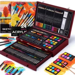 142-Pack Deluxe Wooden Art Set, With Paint Brushes, Colored Pencils, Solid Gouache, Crayons, Wooden Storage Case, All-in-One Kit For Back To School Gift & Outdoor Travel Sketching