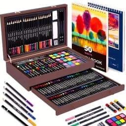 142-Pack Deluxe Wooden Art Set, With Paint Brushes, Colored Pencils, Solid Gouache, Crayons, Wooden Storage Case, All-in-One Kit For Back To School Gift & Outdoor Travel Sketching