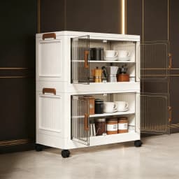 3/4/5/6-layer white plastic storage bins, foldable and stackable, with double doors, handles, and lockable wheels, see-through for easy storage, perfect for bedrooms, closets, and the living room